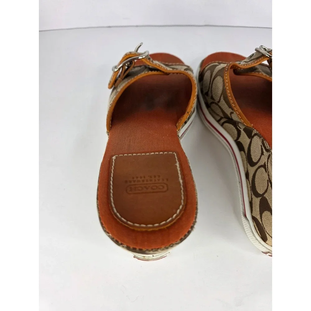 Coach Alyssa Wedge Sandals Womens 8.5 B Brown Canvas Monogram Buckle C Logo